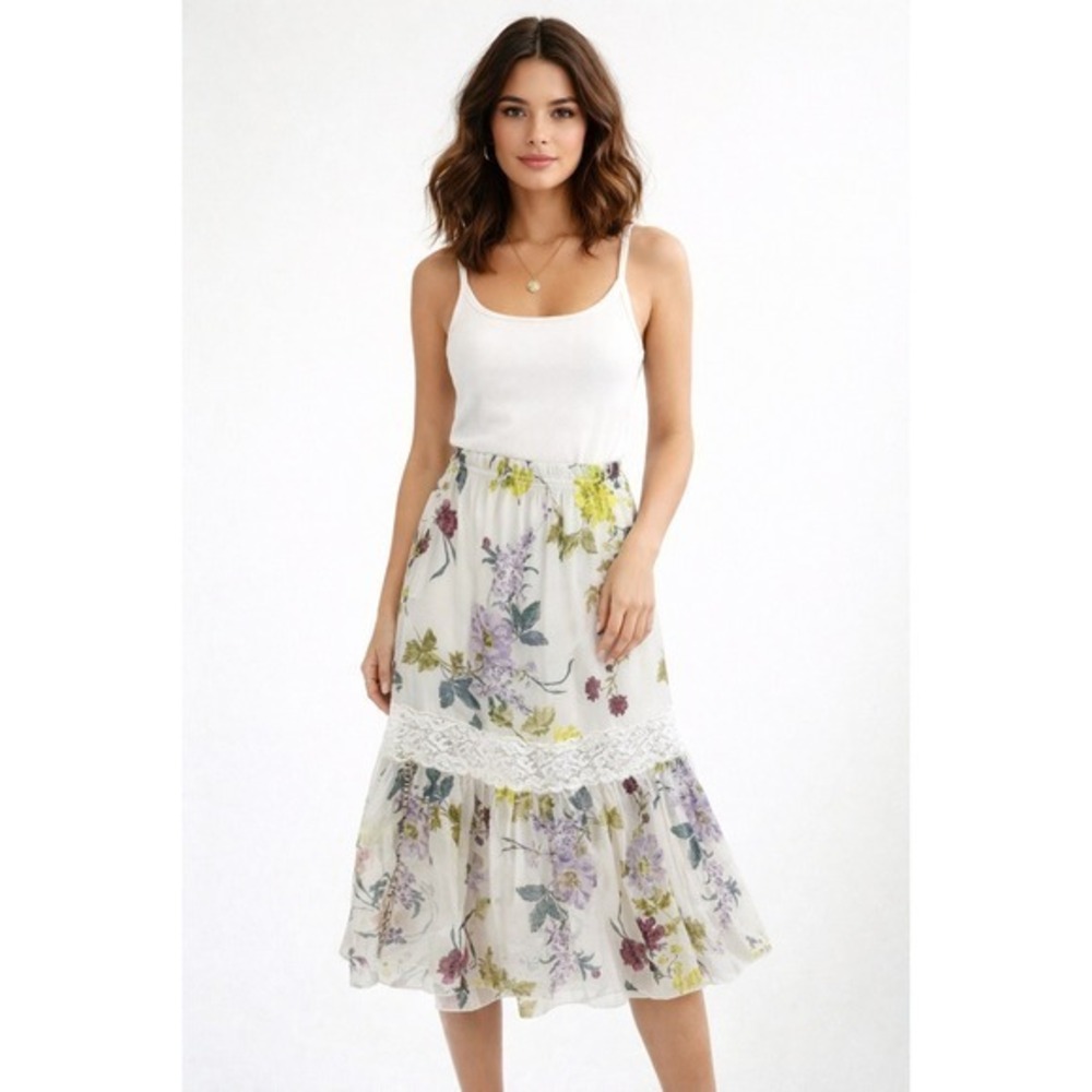 See By‎ Chloe Floral Lace Trim Midi Skirt White Multicolor Size 34 NWT